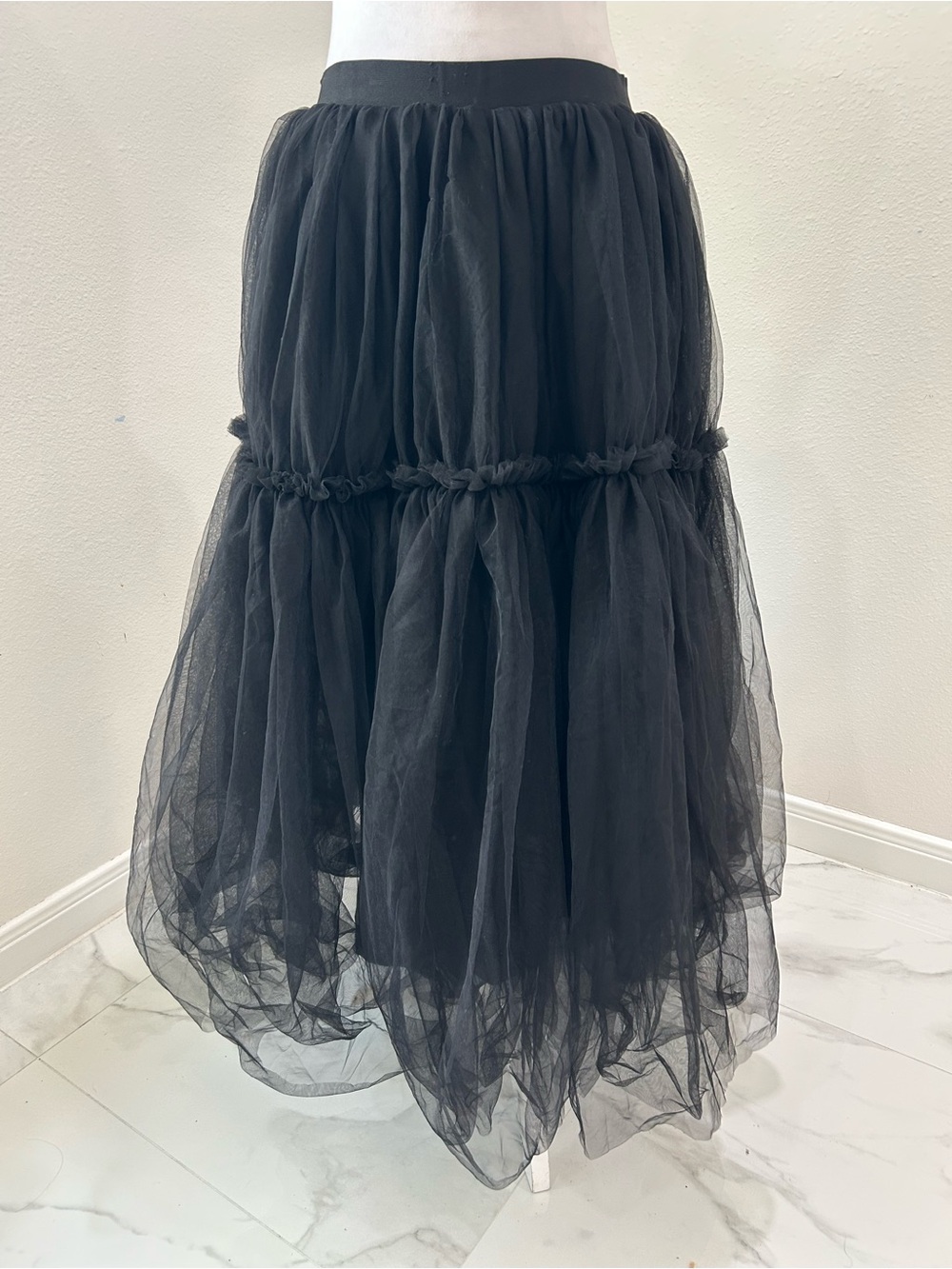 Capsulle Black Tulle Tiered Midi Skirt, Size M